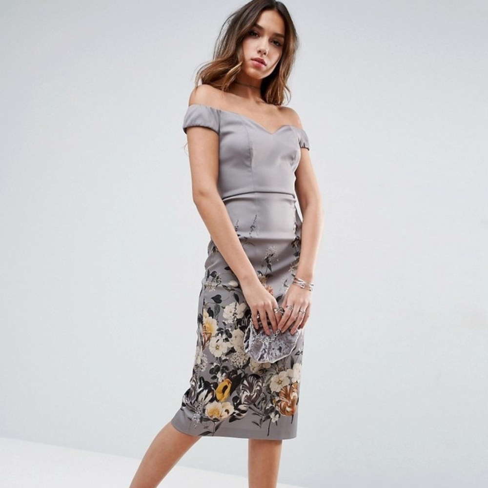 ASOS Border Floral Bardot Midi Pencil Dress
